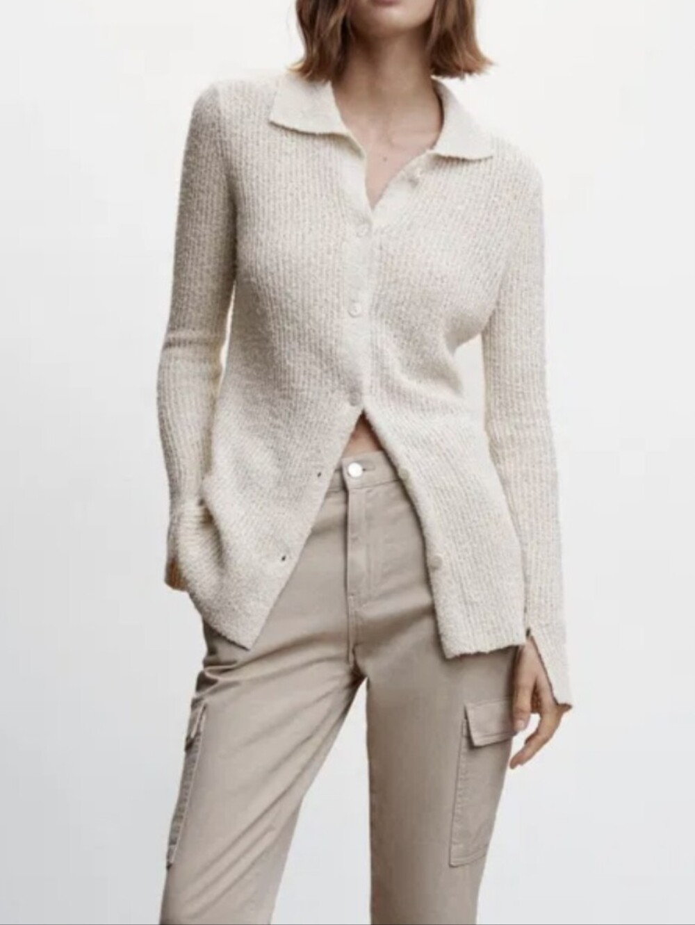 Mango Neutral Cream Collared Button Cardigan Textured Sz M NWT Minimalit
